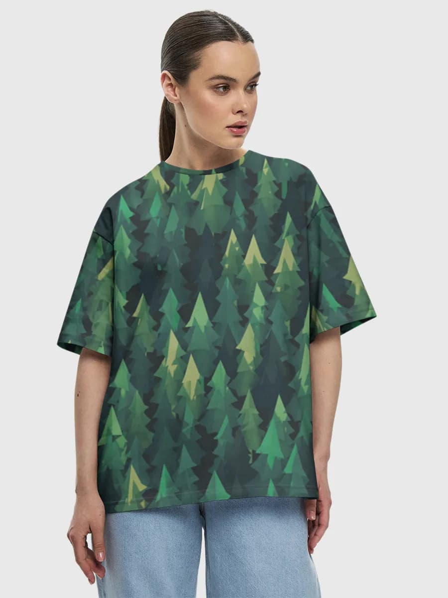 Evergreen Forest Silhouette — Women's oversized cotton T-shirt with all-over print, Forest theme