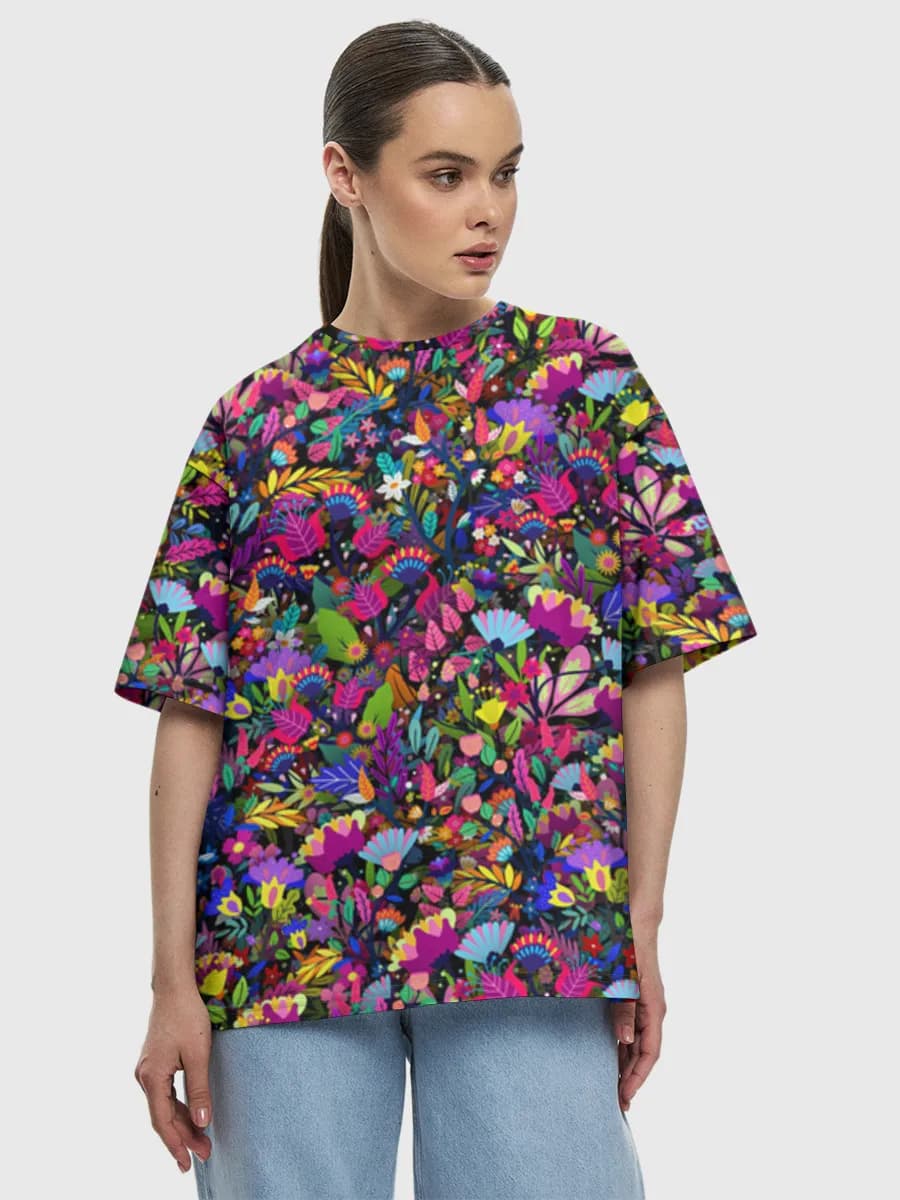 Vibrant Wildflower Garden — Women's oversized cotton T-shirt with all-over print, Floral theme