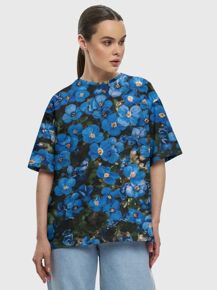 Blue Forget Me Nots — Women's oversized cotton T-shirt with all-over print, Floral theme