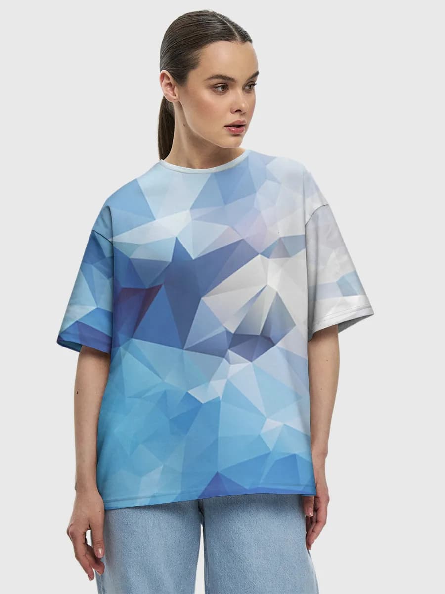 Blue Low Poly Geometry — Women's oversized cotton T-shirt with all-over print, Abstract theme