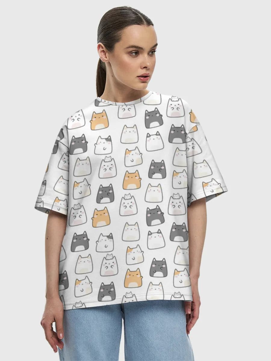 Cute Kitty Faces — Women's oversized cotton T-shirt with all-over print, Cats theme