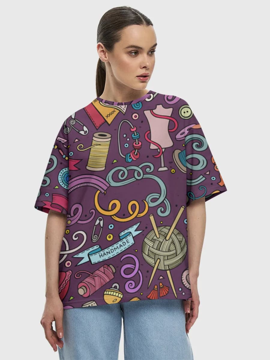 Sewing Notions Doodle — Women's oversized cotton T-shirt with all-over print, Sewing theme
