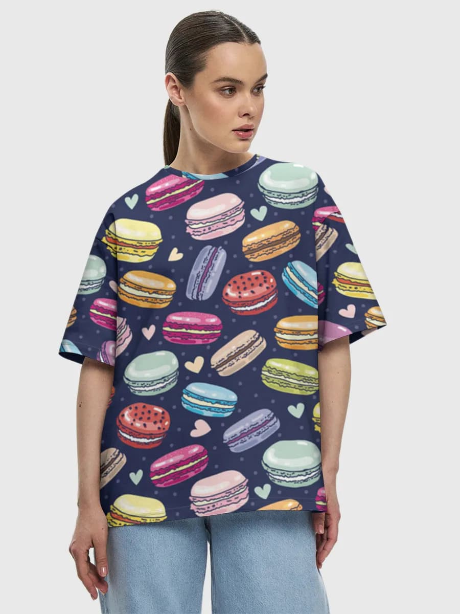 Colorful Macaron Hearts — Women's oversized cotton T-shirt with all-over print, Sweet Treats theme