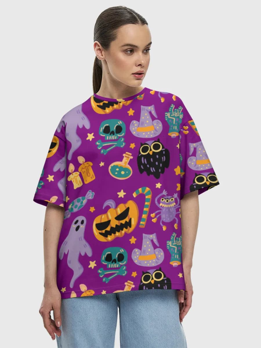 Cute Spooky Halloween Icons — Women's oversized cotton T-shirt with all-over print, Holidays theme
