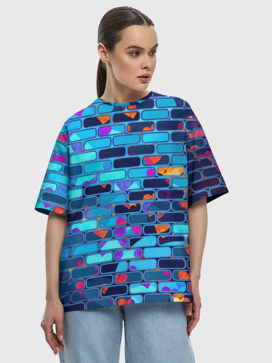 Neon Heart Brick Wall — Women's oversized cotton T-shirt with all-over print, Love theme