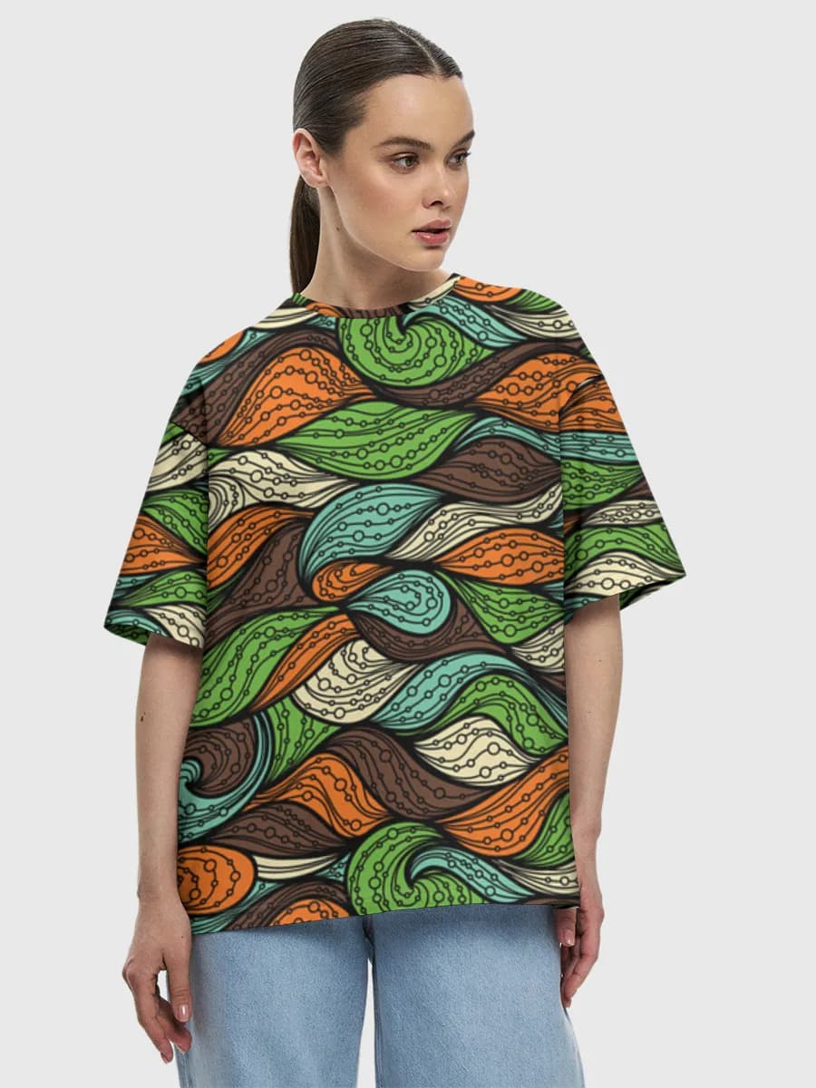 Retro Wavy Abstract Swirls — Women's oversized cotton T-shirt with all-over print, Abstract theme