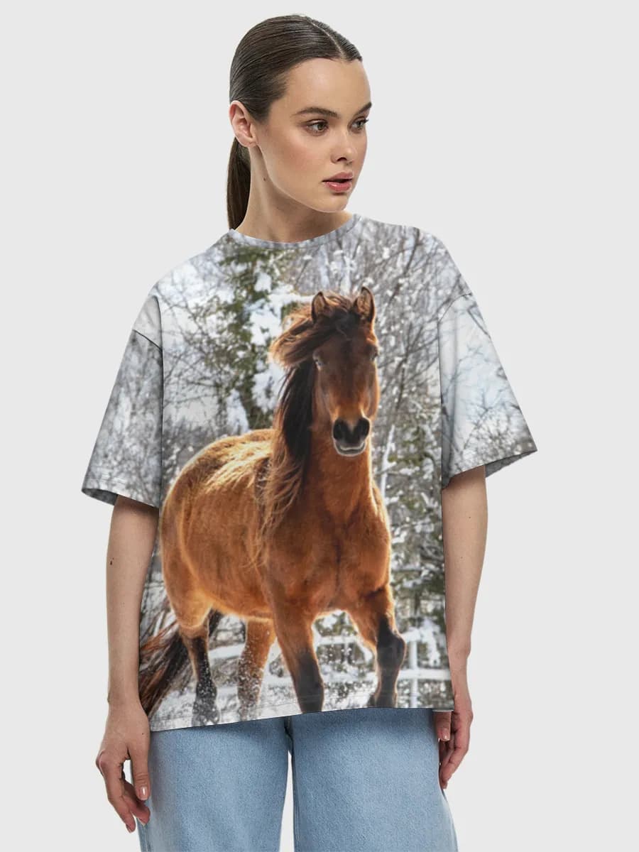 Galloping Horse In Snow — Women's oversized cotton T-shirt with all-over print, Equestrian theme