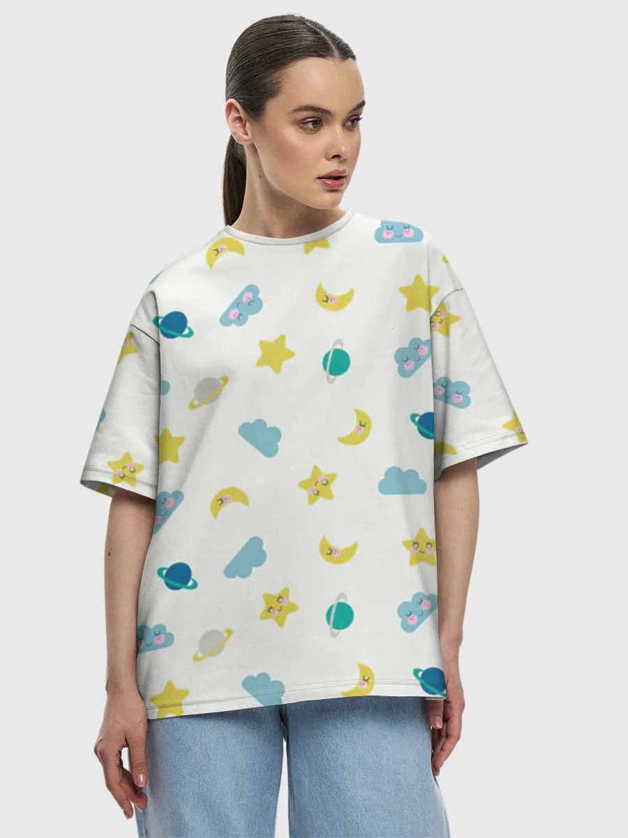 Cute Kawaii Night Sky — Women's oversized cotton T-shirt with all-over print, Space theme