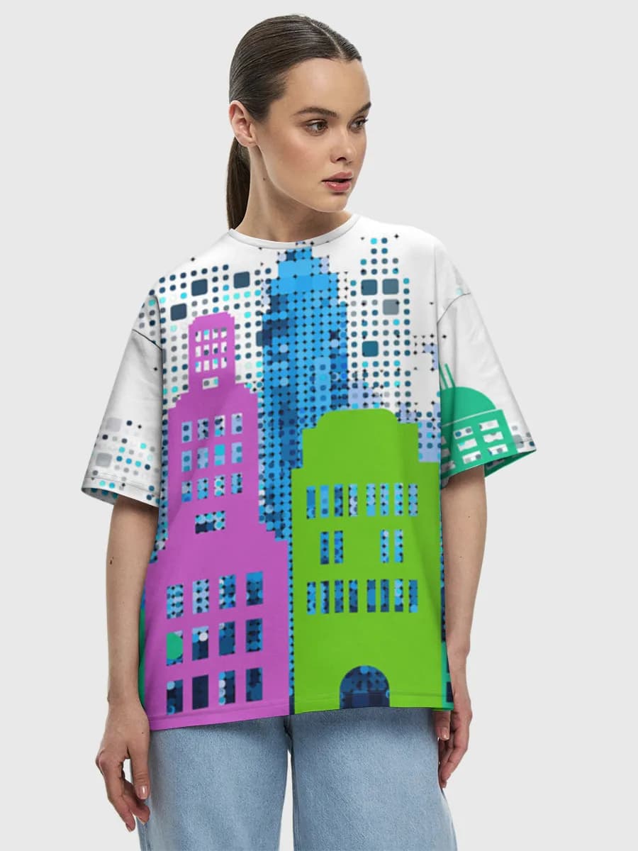 Colorful Pop City Skyline — Women's oversized cotton T-shirt with all-over print, City theme