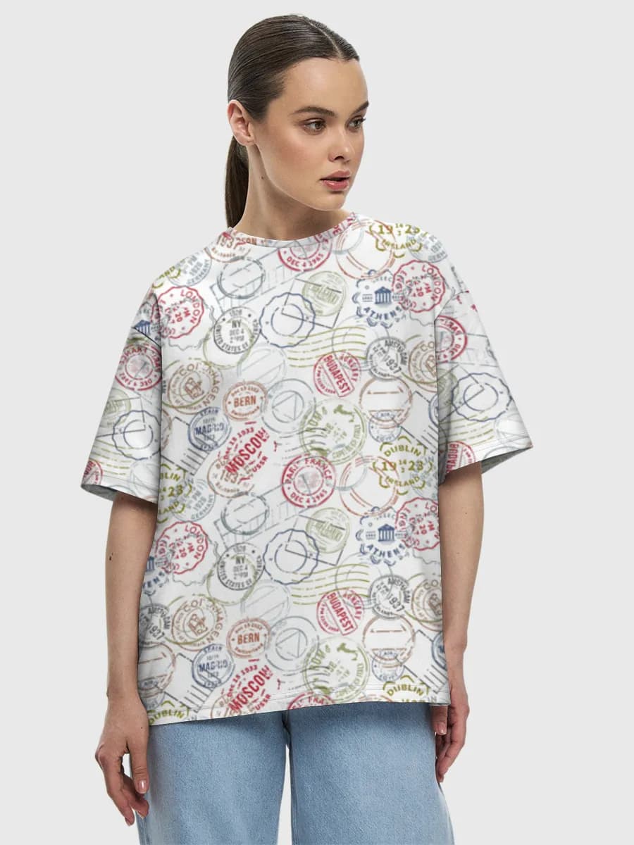 Vintage Passport Stamp Collage — Women's oversized cotton T-shirt with all-over print, Travel theme