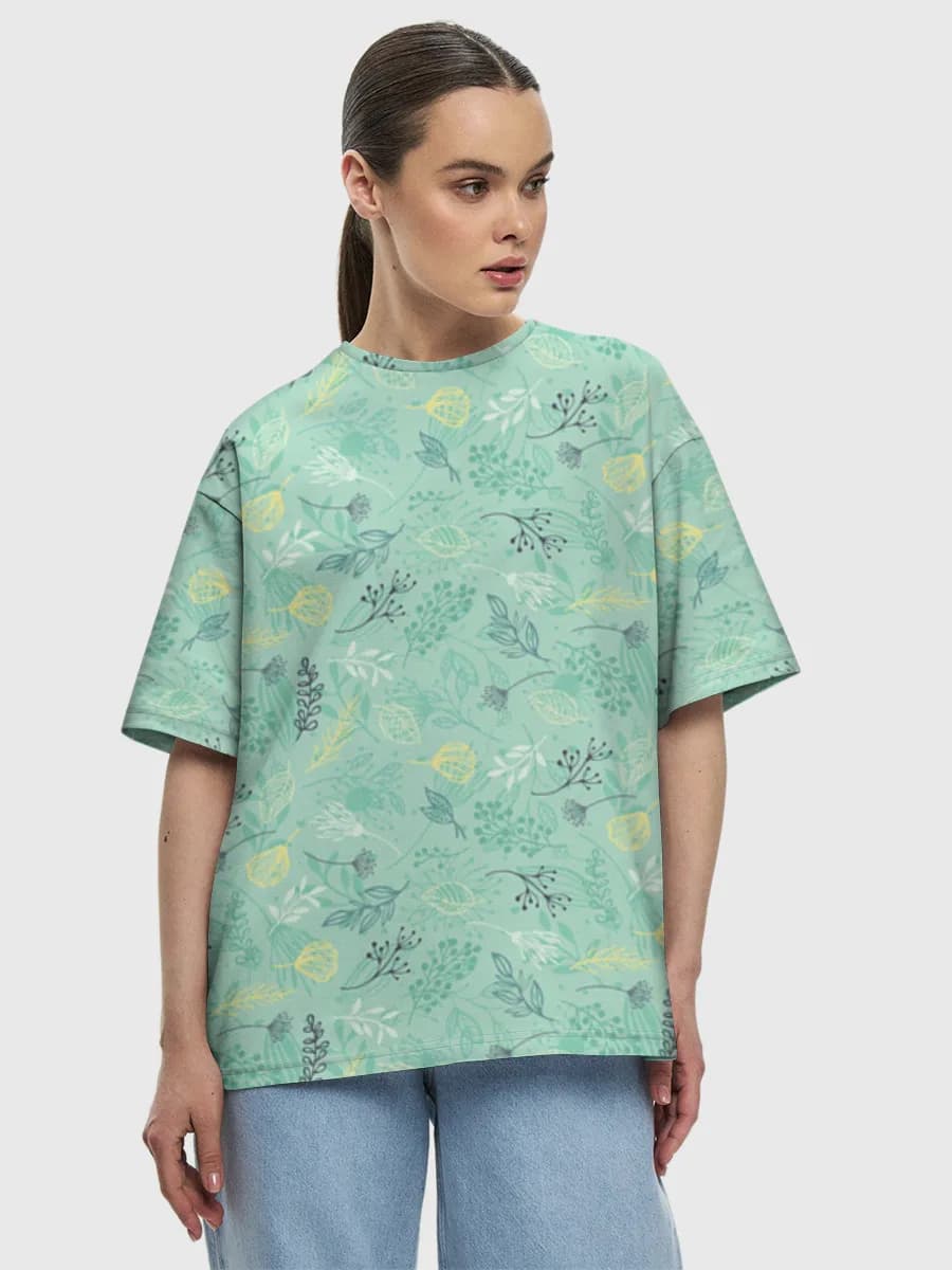 Mint Botanical Leaves — Women's oversized cotton T-shirt with all-over print, Botanical theme