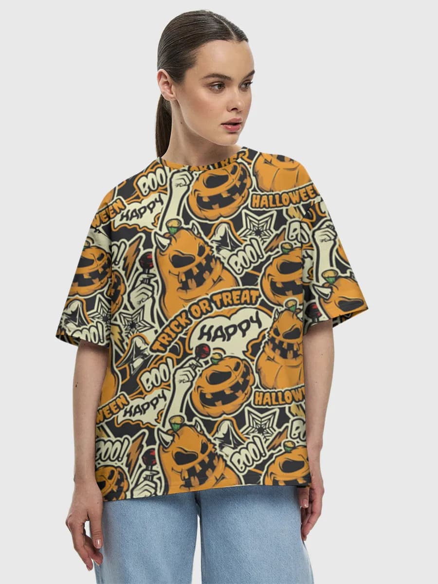 Trick Or Treat Pumpkins — Women's oversized cotton T-shirt with all-over print, Holidays theme