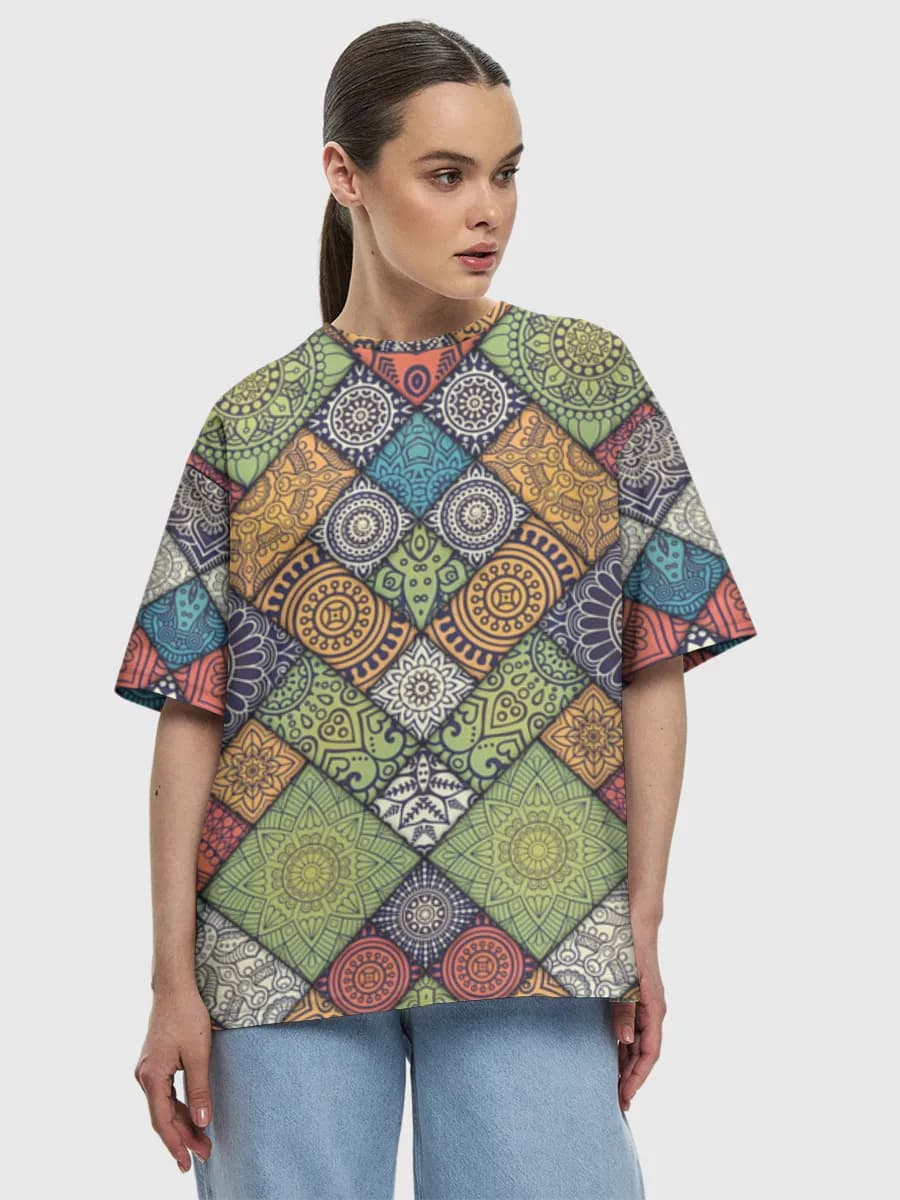 Boho Mandala Mosaic — Women's oversized cotton T-shirt with all-over print, Mandala theme