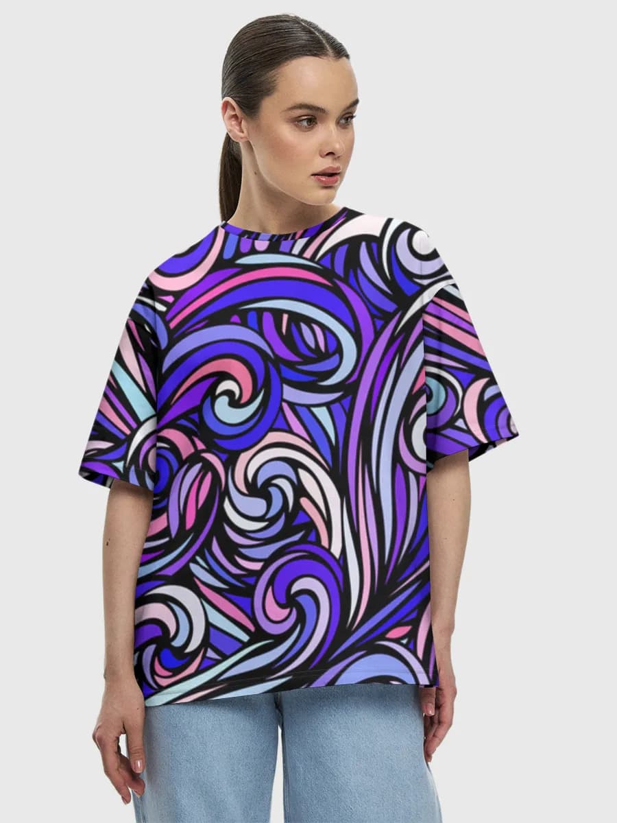 Abstract Swirl Waves — Women's oversized cotton T-shirt with all-over print, Abstract theme