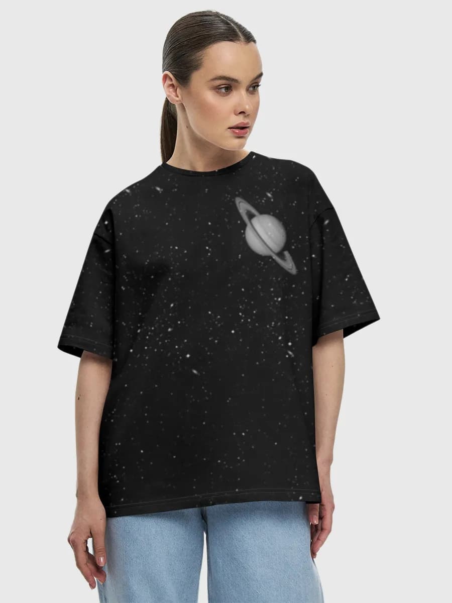 Ringed Planet In Space — Women's oversized cotton T-shirt with all-over print, Space theme