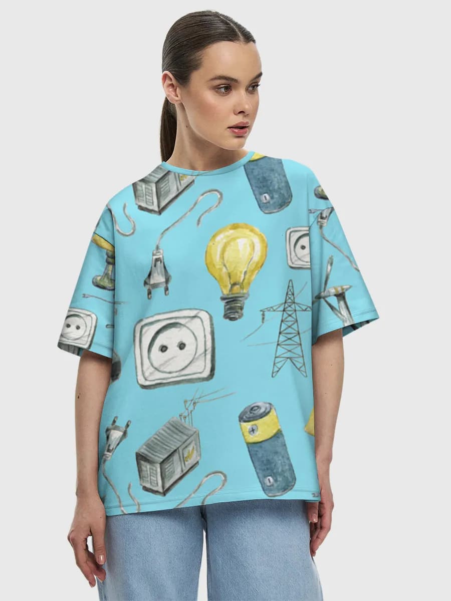 Watercolor Electric Power Icons — Women's oversized cotton T-shirt with all-over print, Electricity theme