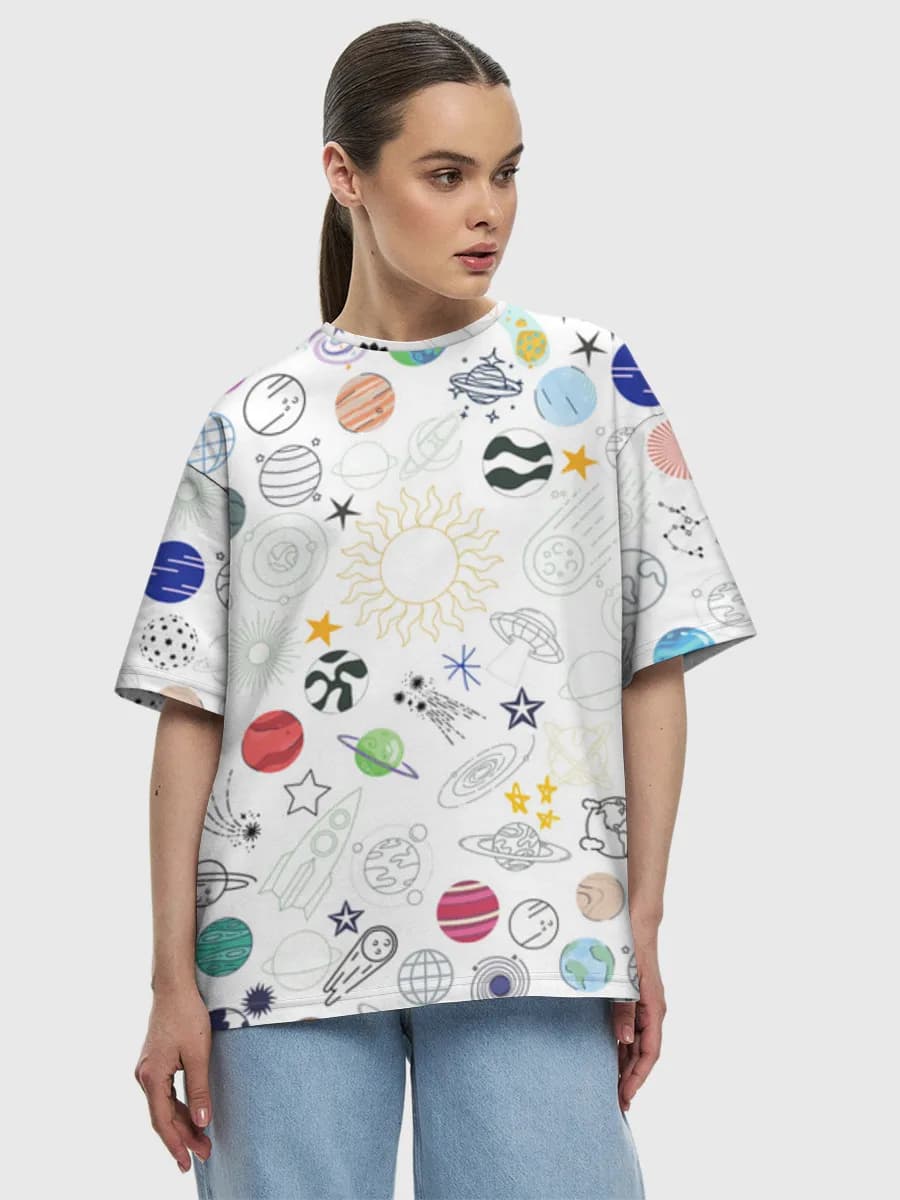 Playful Space Doodles — Women's oversized cotton T-shirt with all-over print, Space theme