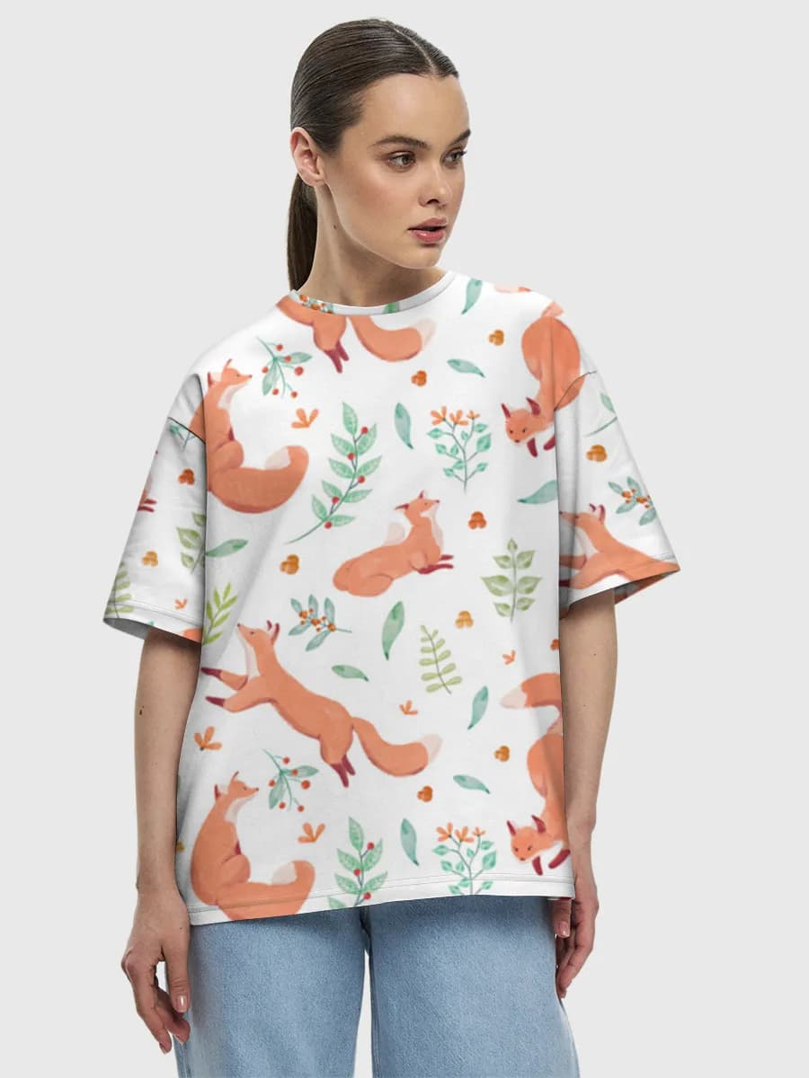 Watercolor Foxes And Botanicals — Women's oversized cotton T-shirt with all-over print, Fox theme