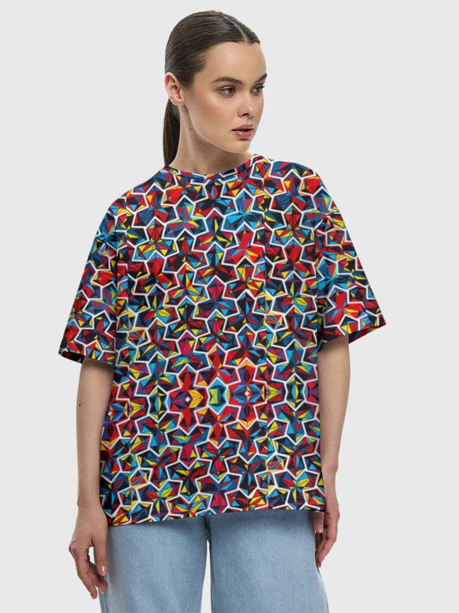 Colorful Kaleidoscope Geometry — Women's oversized cotton T-shirt with all-over print, Geometric theme