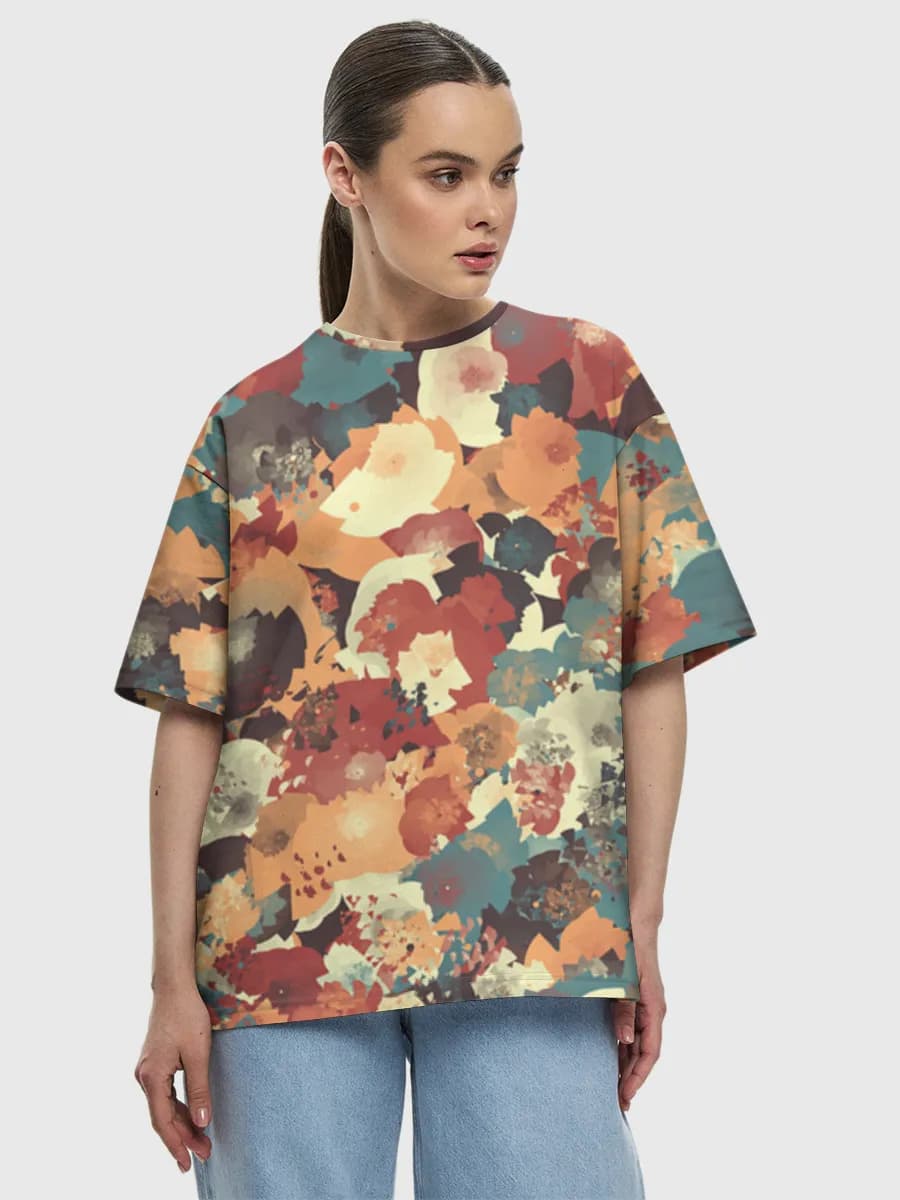 Abstract Autumn Florals — Women's oversized cotton T-shirt with all-over print, Floral theme