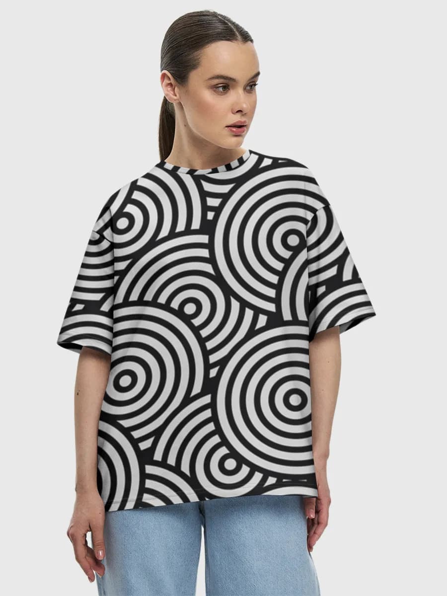 Op Art Circles — Women's oversized cotton T-shirt with all-over print, Geometric theme