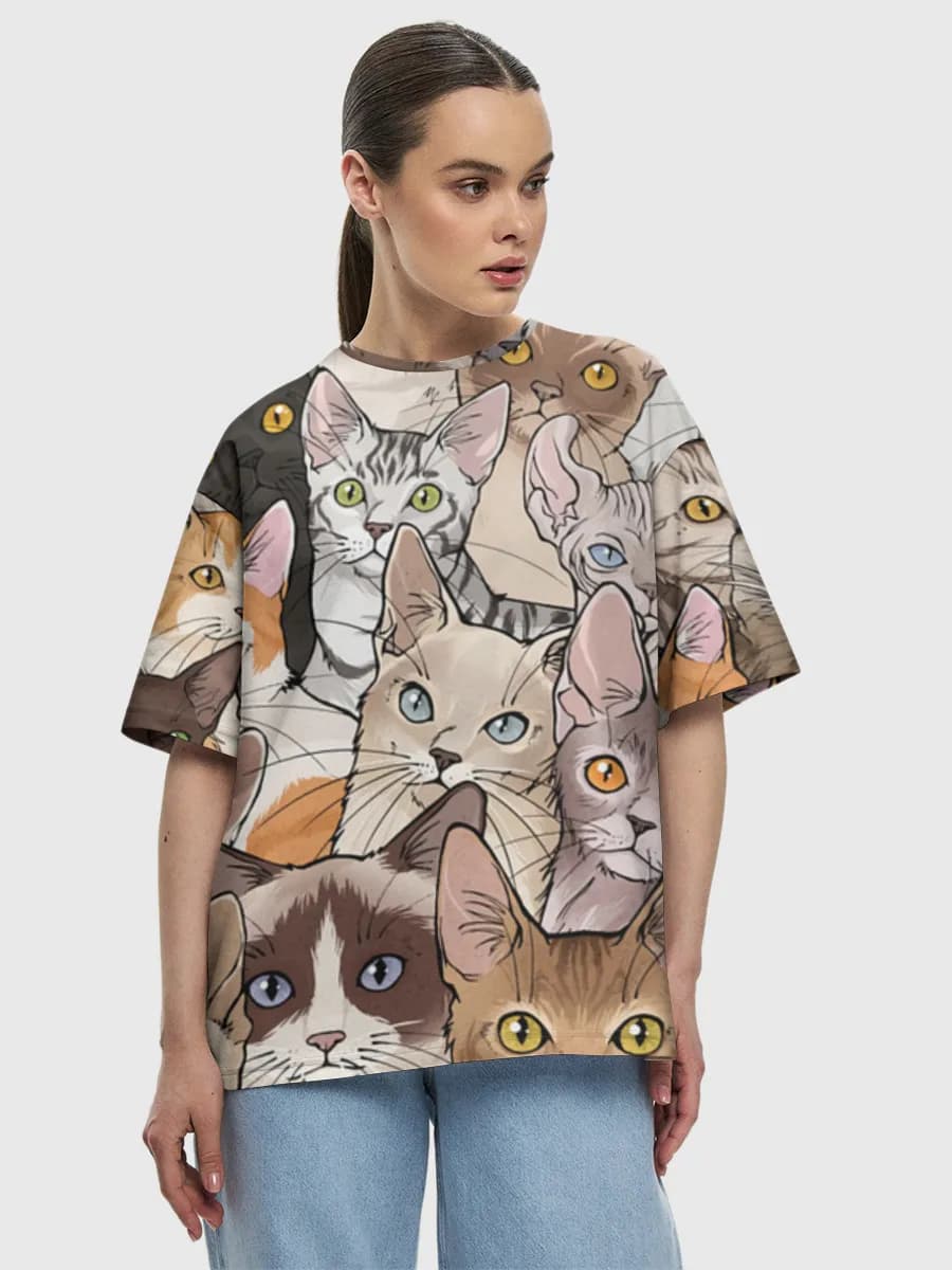 Colorful Cat Faces — Women's oversized cotton T-shirt with all-over print, Cats theme