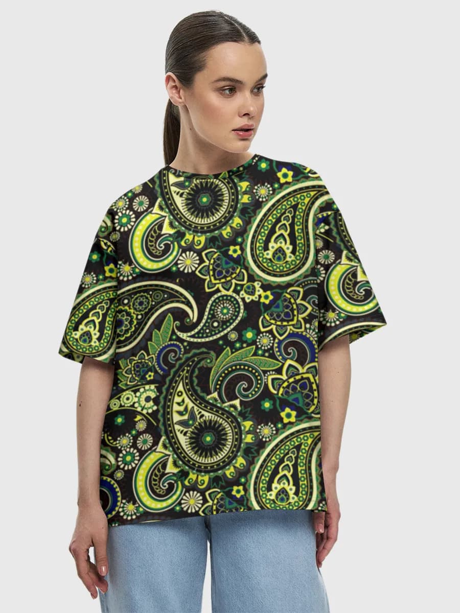 Neon Green Paisley Florals — Women's oversized cotton T-shirt with all-over print, Paisley theme