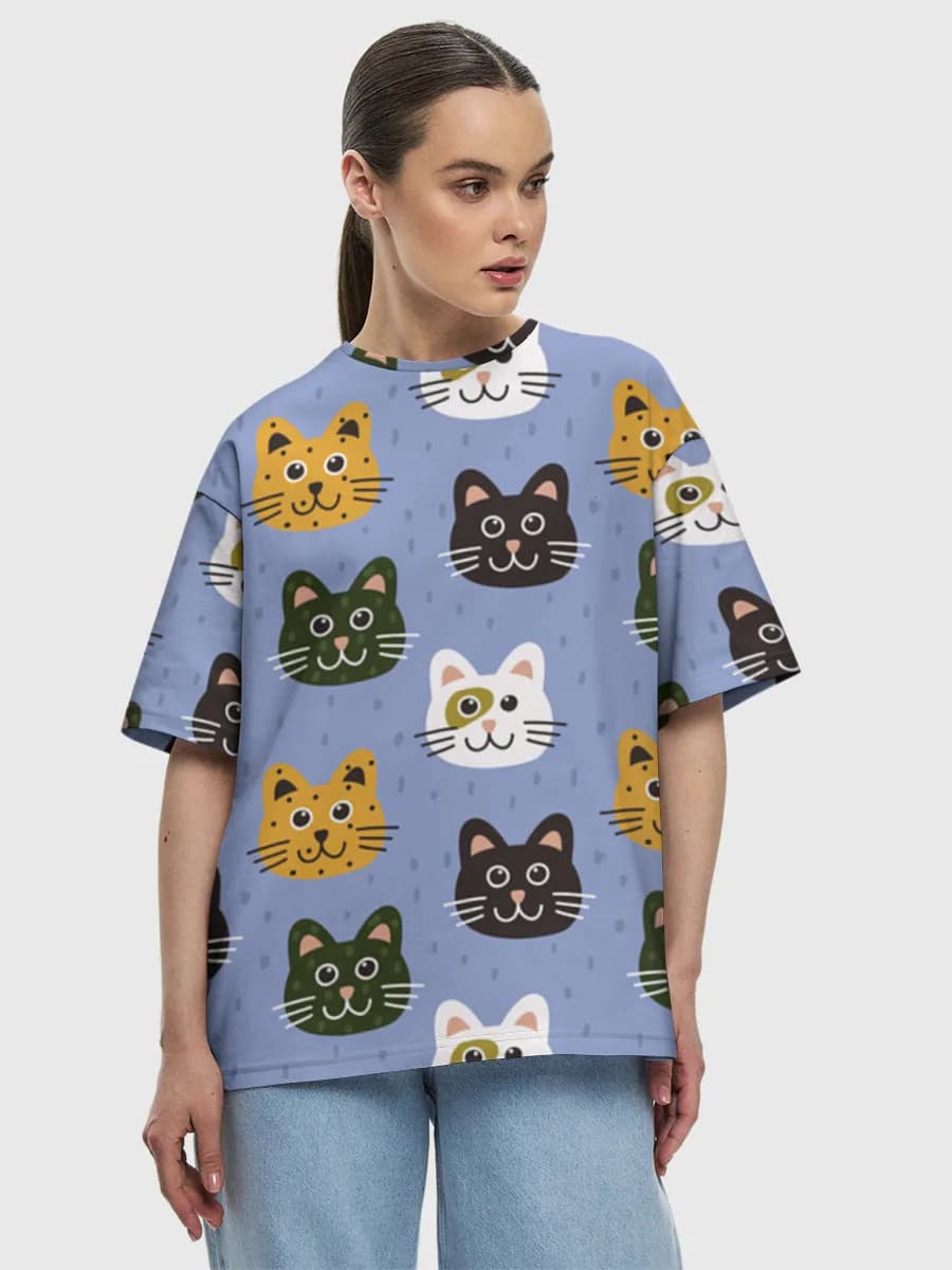 Cute Cat Faces — Women's oversized cotton T-shirt with all-over print, Cats theme