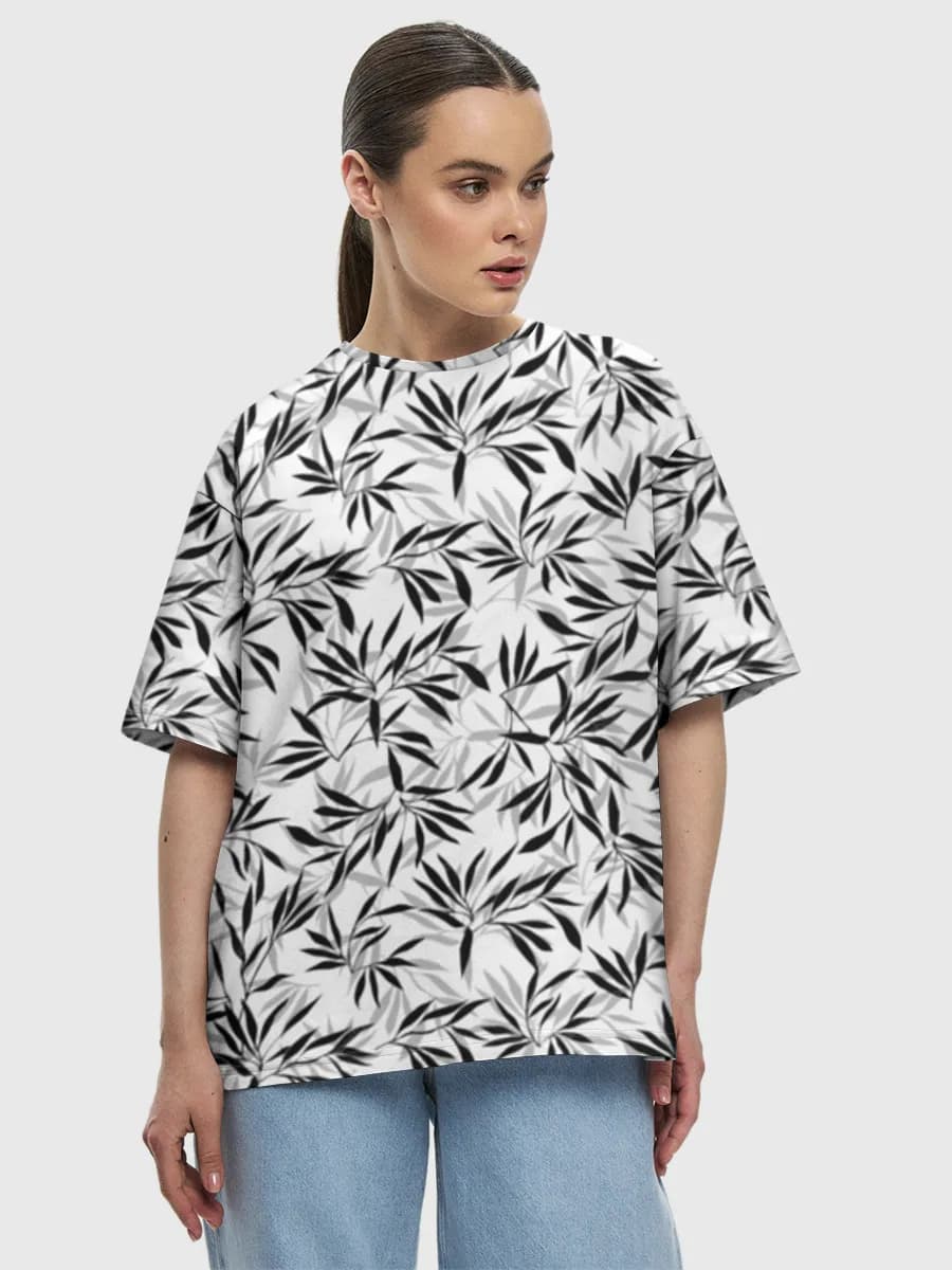 Monochrome Bamboo Leaves — Women's oversized cotton T-shirt with all-over print, Botanical theme
