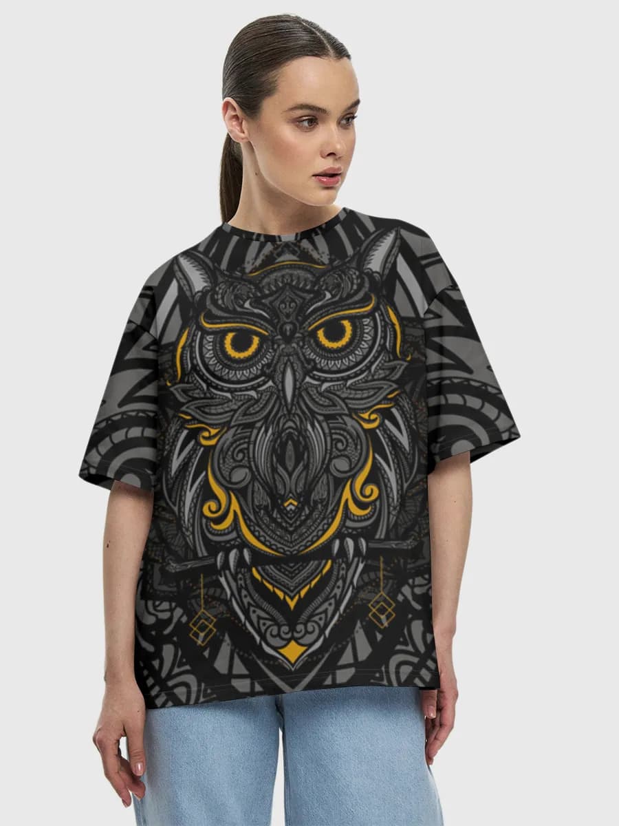 Ornate Mandala Owl — Women's oversized cotton T-shirt with all-over print, Owl theme