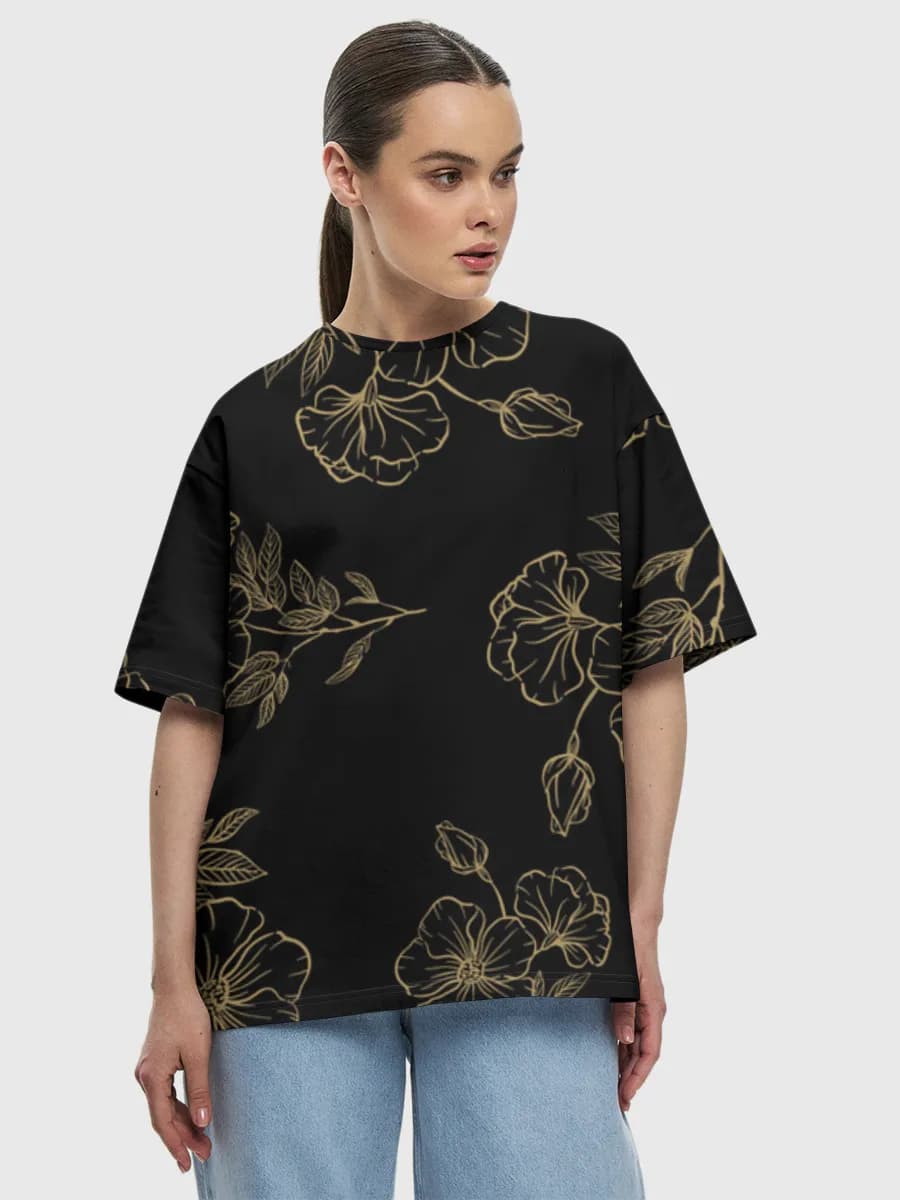 Gold Botanical Linework — Women's oversized cotton T-shirt with all-over print, Floral theme