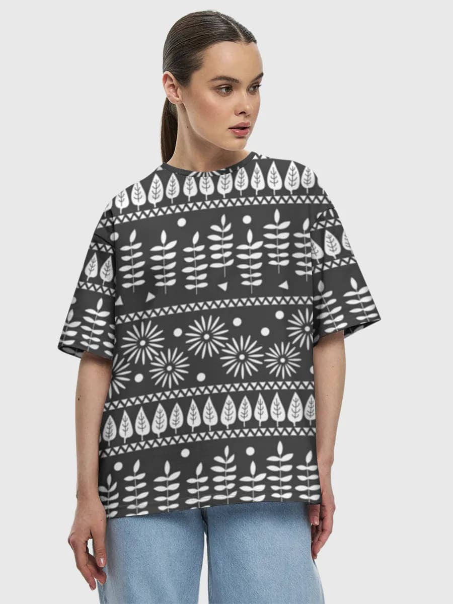 Nordic Floral Stripes — Women's oversized cotton T-shirt with all-over print, Floral theme