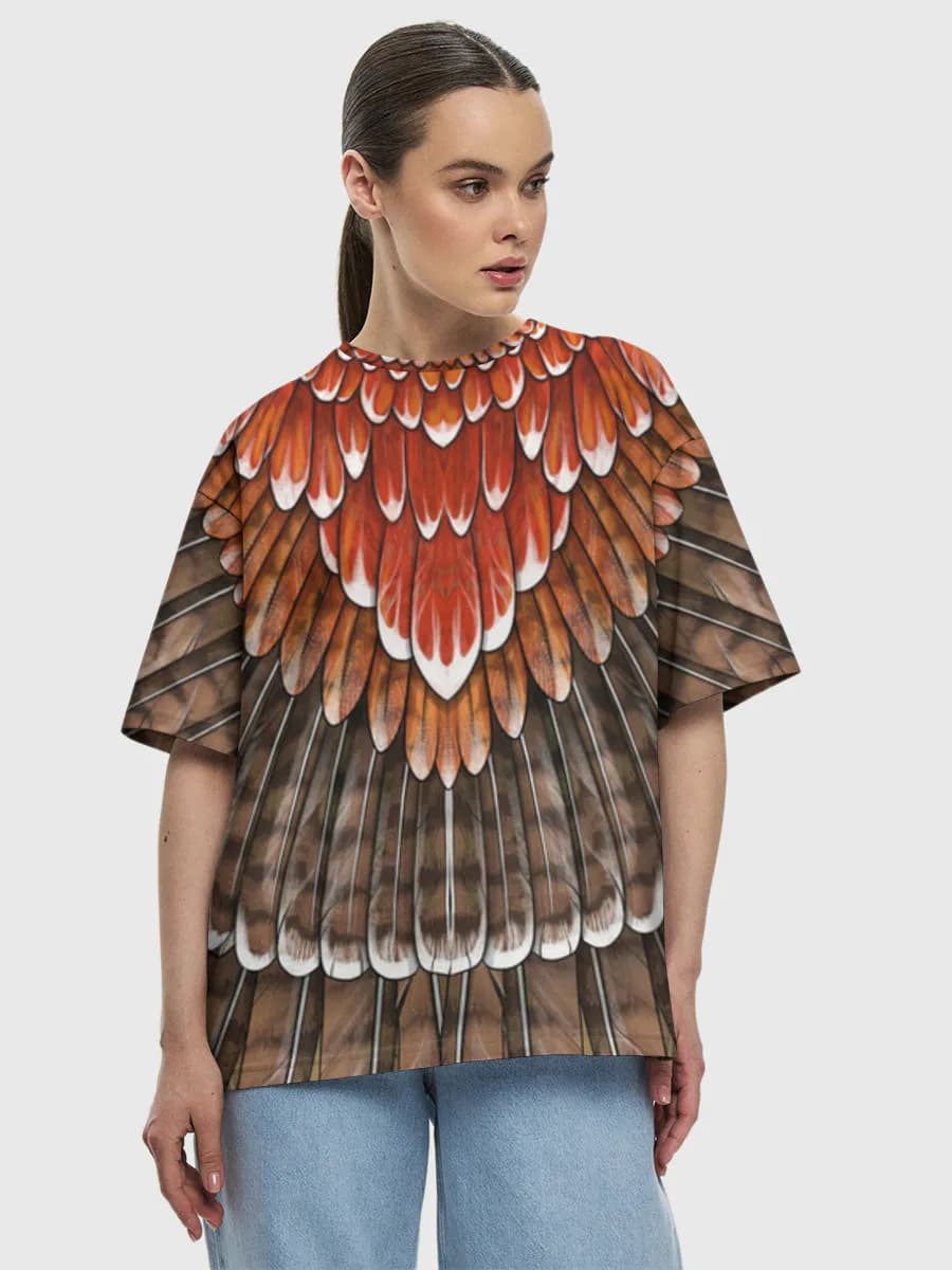 Autumn Feather Wings — Women's oversized cotton T-shirt with all-over print, Feathers theme