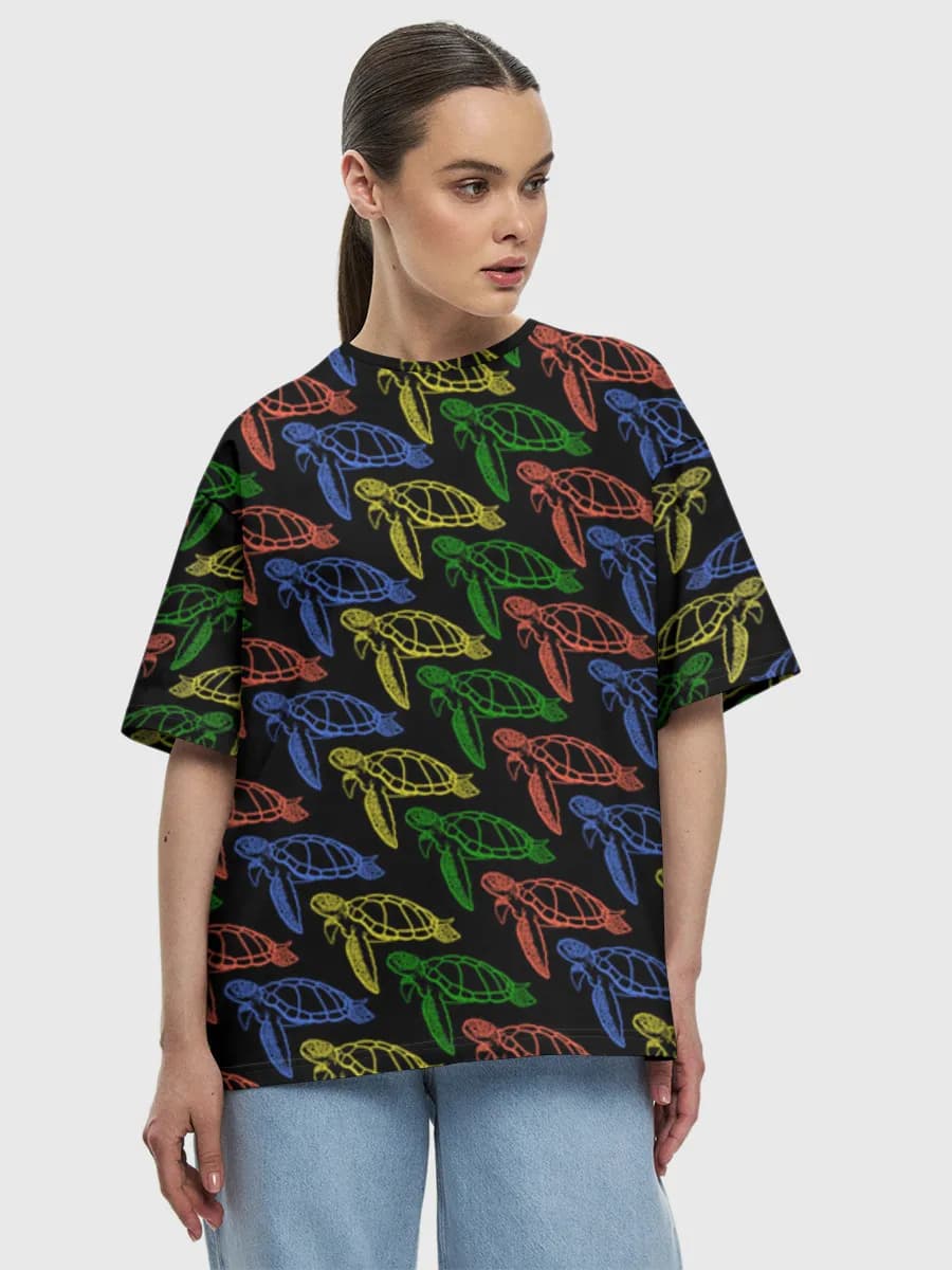 Neon Rainbow Sea Turtles — Women's oversized cotton T-shirt with all-over print, Sea Turtle theme