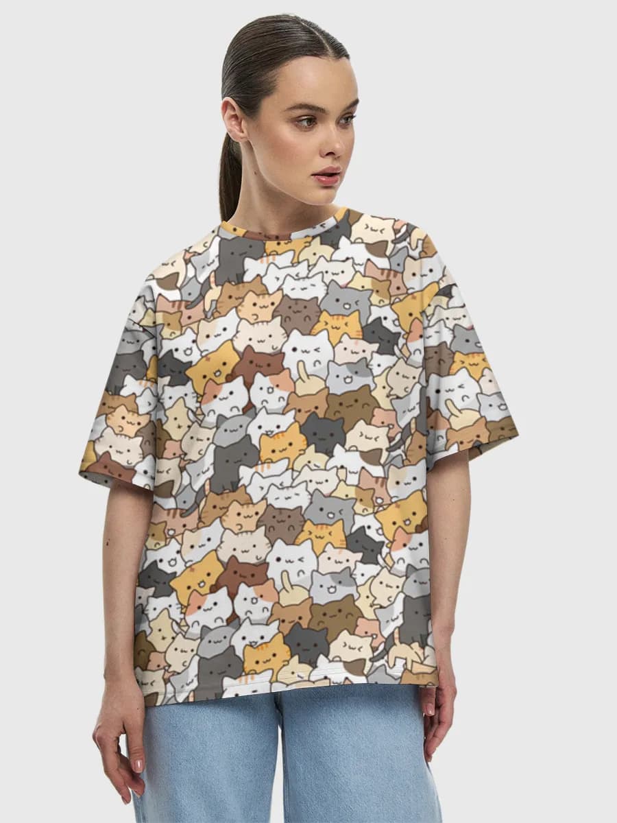 Kawaii Cat Crowd — Women's oversized cotton T-shirt with all-over print, Cats theme