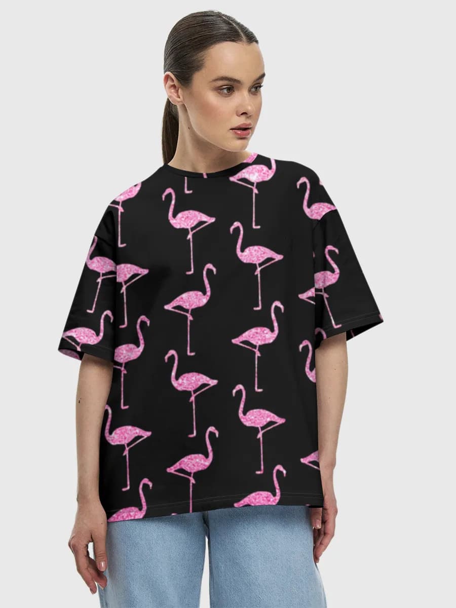 Pink Flamingos On Black — Women's oversized cotton T-shirt with all-over print, Flamingo theme