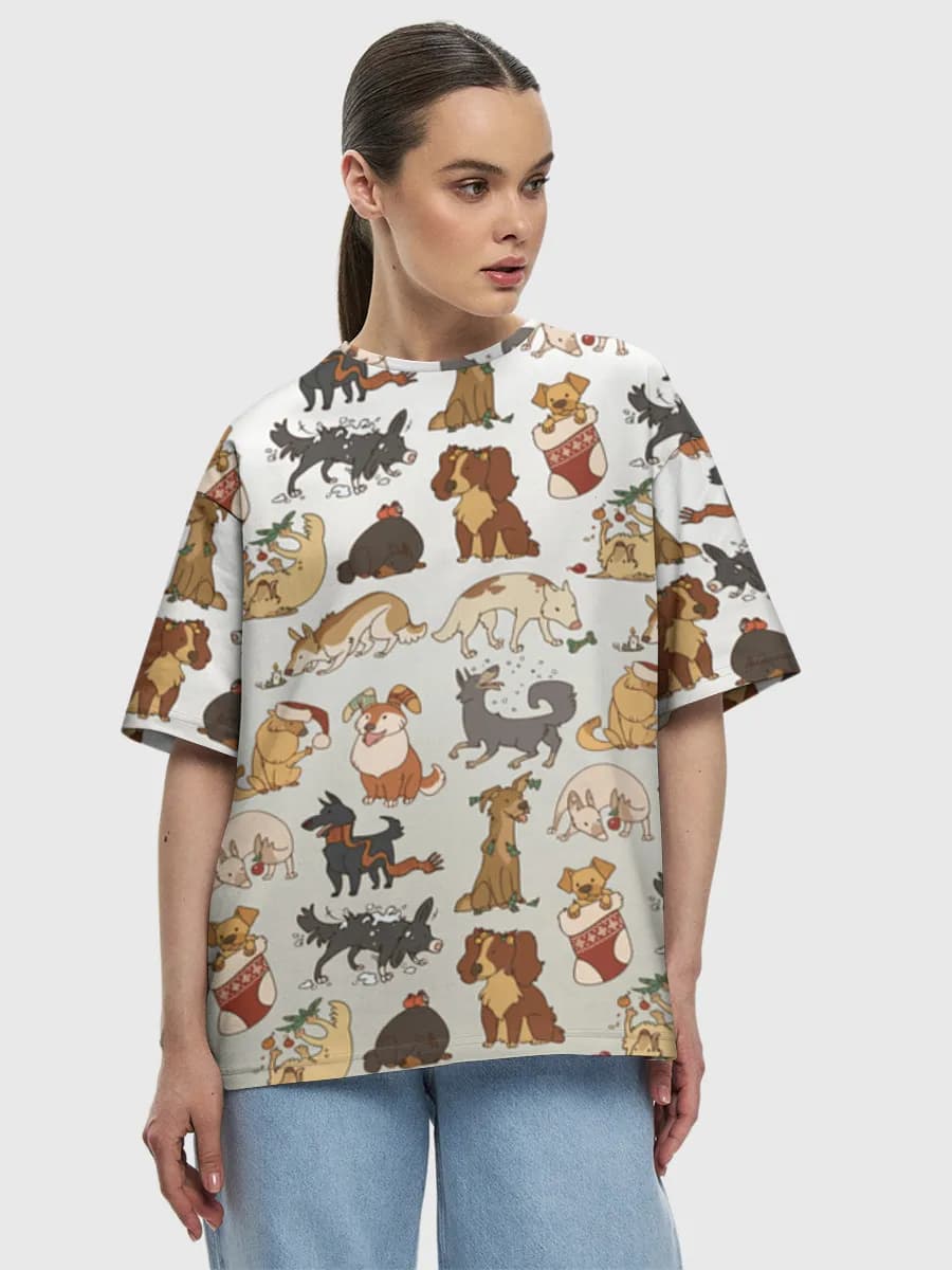 Festive Christmas Dogs — Women's oversized cotton T-shirt with all-over print, Dogs theme