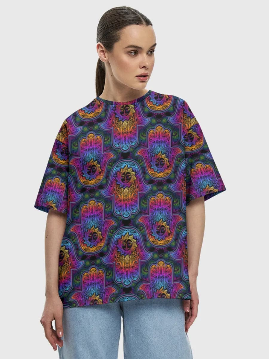 Psychedelic Rainbow Hamsa — Women's oversized cotton T-shirt with all-over print, Hamsa theme