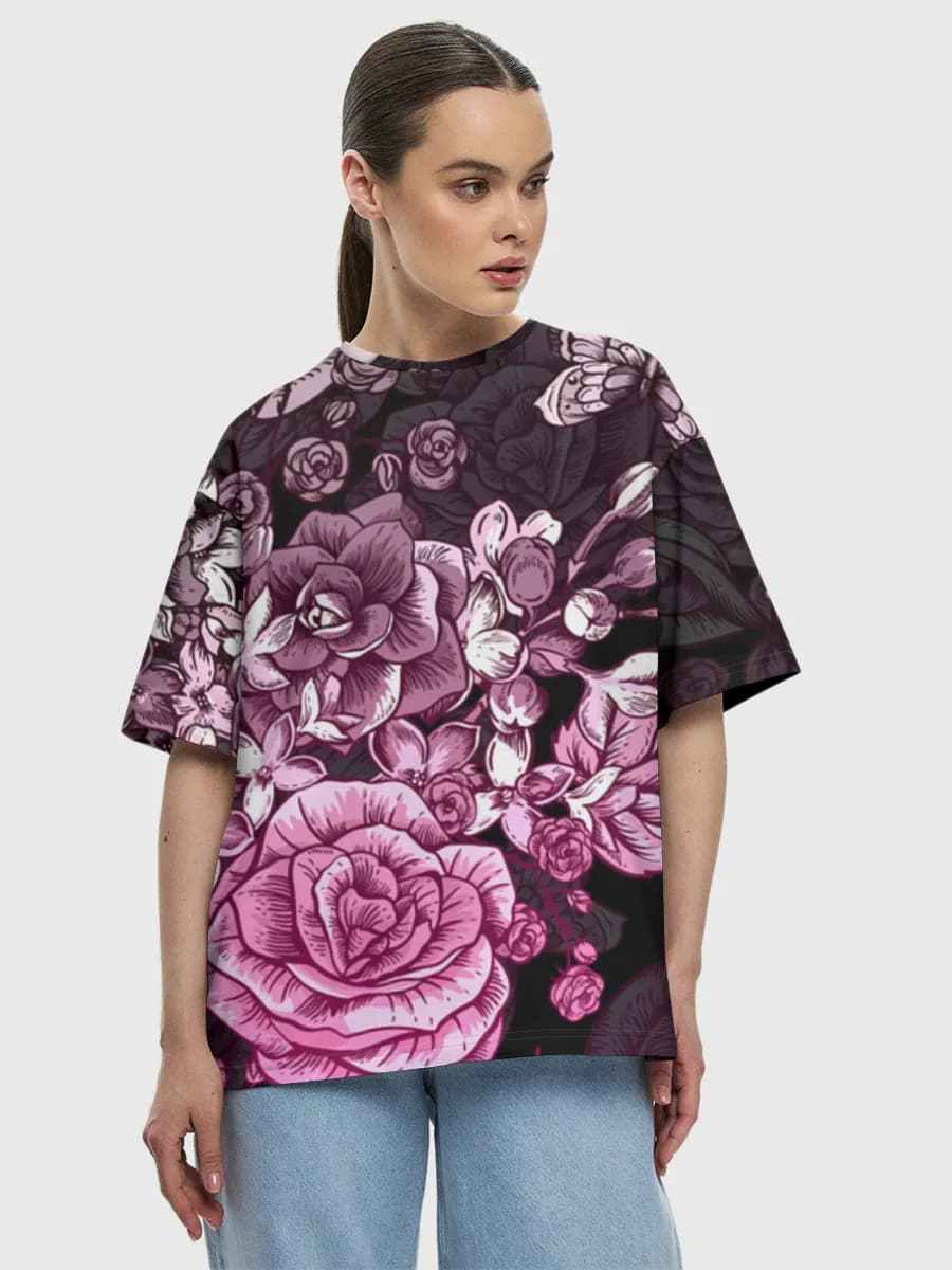 Pink Roses And Butterflies — Women's oversized cotton T-shirt with all-over print, Floral theme