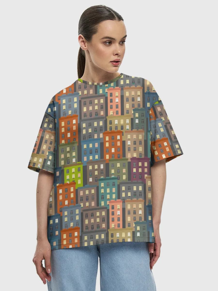 Colorful Urban City Blocks — Women's oversized cotton T-shirt with all-over print, City theme