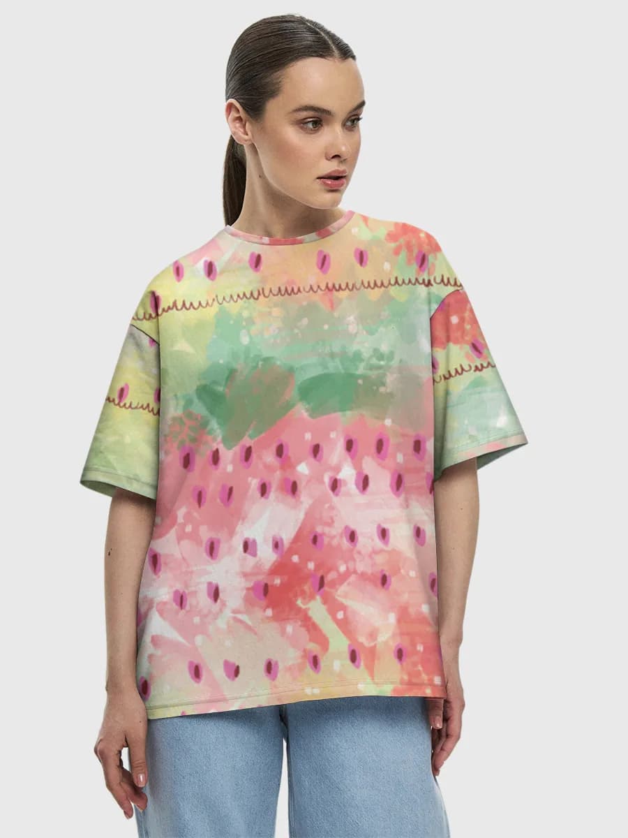 Watercolor Watermelon Vibes — Women's oversized cotton T-shirt with all-over print, Watermelon theme