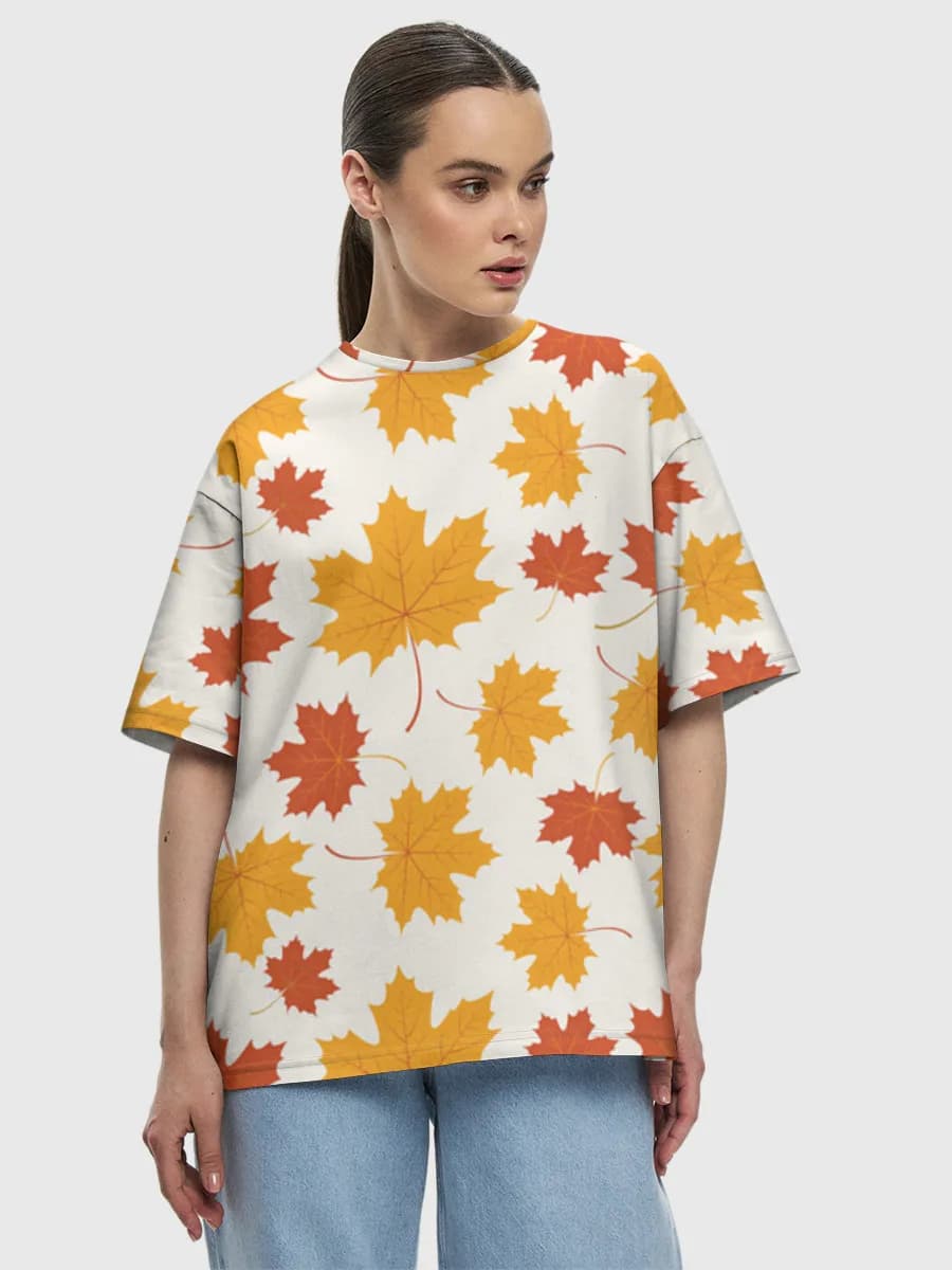 Autumn Maple Leaves — Women's oversized cotton T-shirt with all-over print, Autumn theme