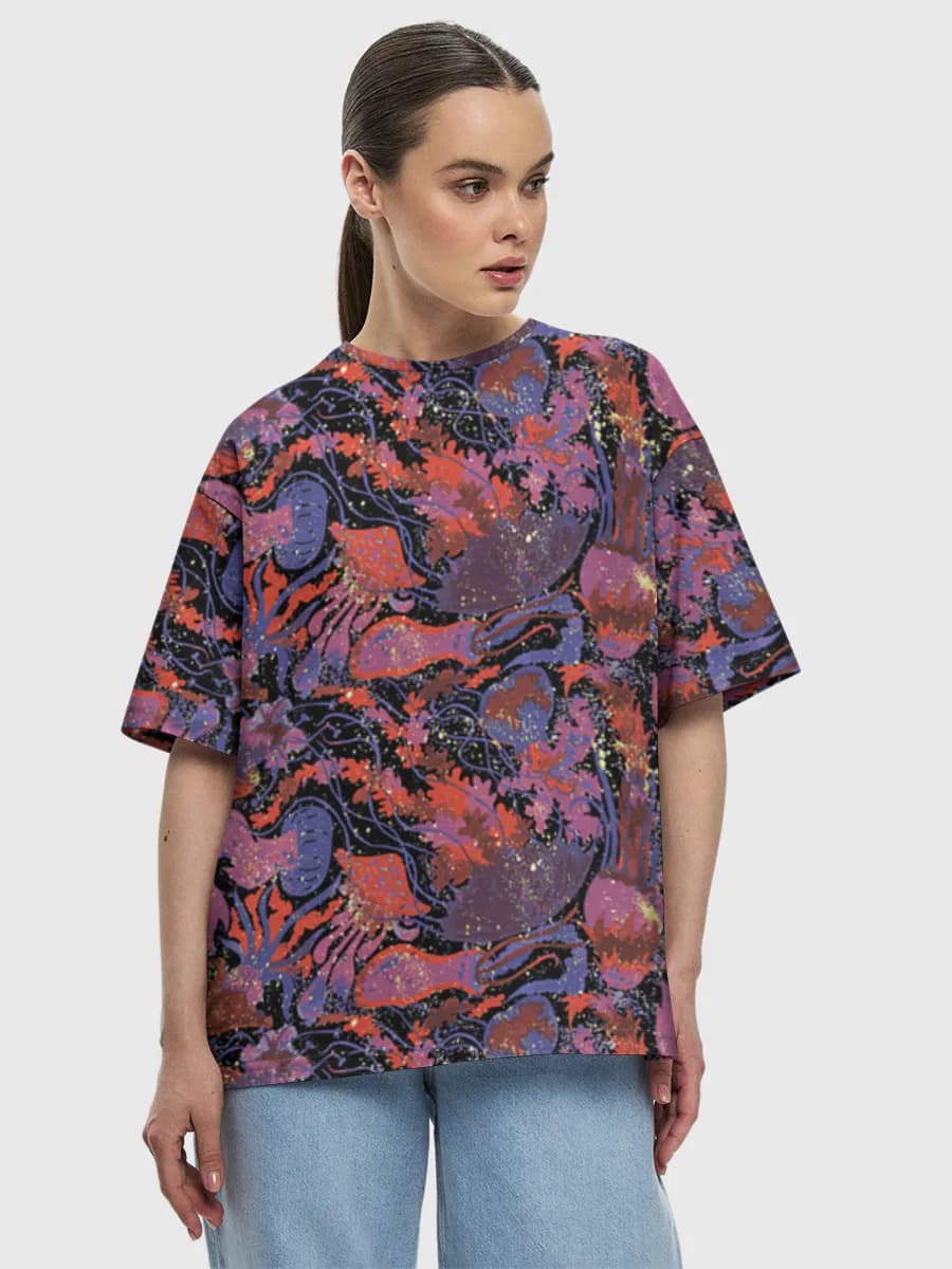 Neon Jellyfish Ocean Art — Women's oversized cotton T-shirt with all-over print, Jellyfish theme