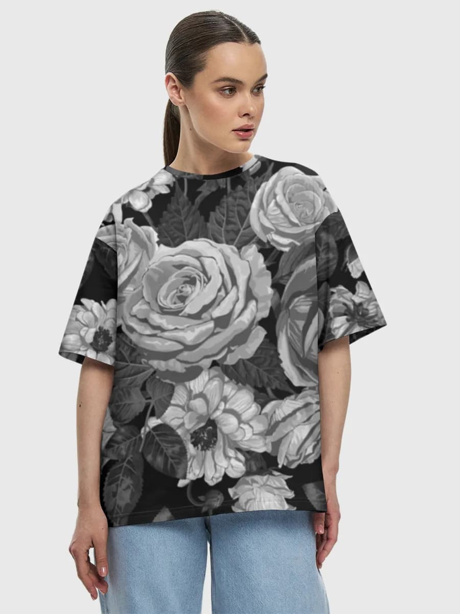 Monochrome Rose Garden — Women's oversized cotton T-shirt with all-over print, Floral theme