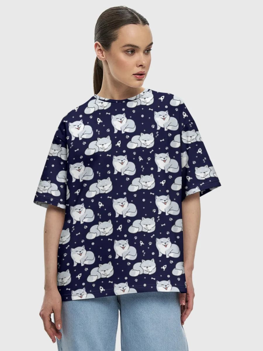Sleepy Space Foxes — Women's oversized cotton T-shirt with all-over print, Fox theme