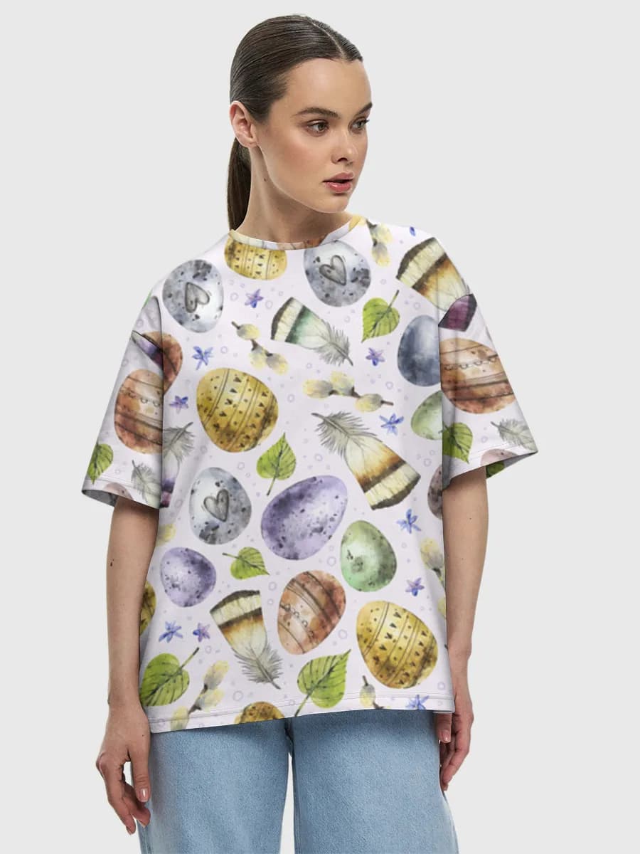 Watercolor Easter Egg Scatter — Women's oversized cotton T-shirt with all-over print, Easter theme