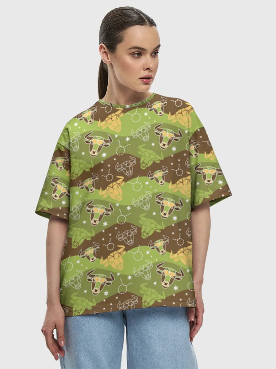 Taurus Bull Zodiac — Women's oversized cotton T-shirt with all-over print, Astrology theme