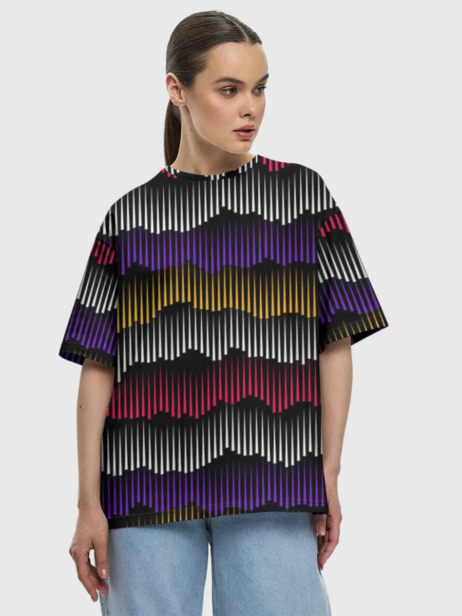Vibrant Wavy Stripe Art — Women's oversized cotton T-shirt with all-over print, Abstract theme