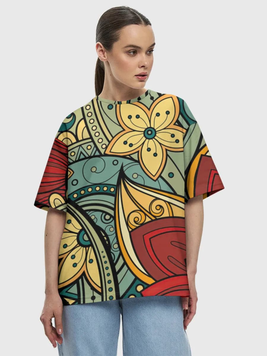 Ornate Floral Mandala Art — Women's oversized cotton T-shirt with all-over print, Floral theme