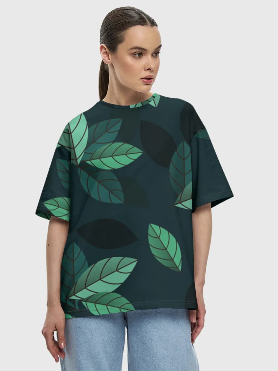 Teal Leaf Botanicals — Women's oversized cotton T-shirt with all-over print, Botanical theme